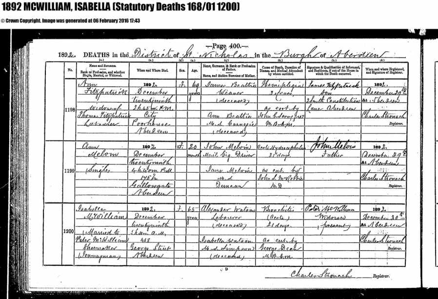 Death Certificate Isabella Watson 1892, Linked To: <a href='i22033.html' >Isabella Watson</a>